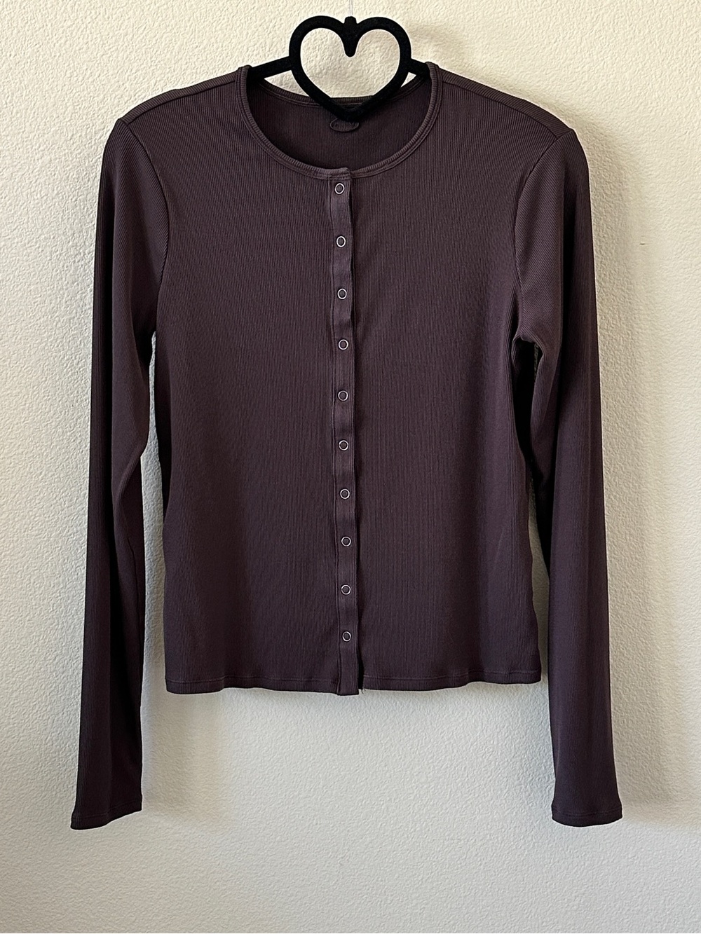 Vuori Chocolate Brown Long-Sleeve Front Snap Button Ribbed Cardigan Top Size M